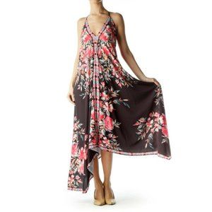 Flying Tomato Black Floral Asymmetrical Handkerchief Maxi Dress